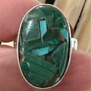 Malachite copper turquoise rare stone genuine gemstone silver overlay, size 9